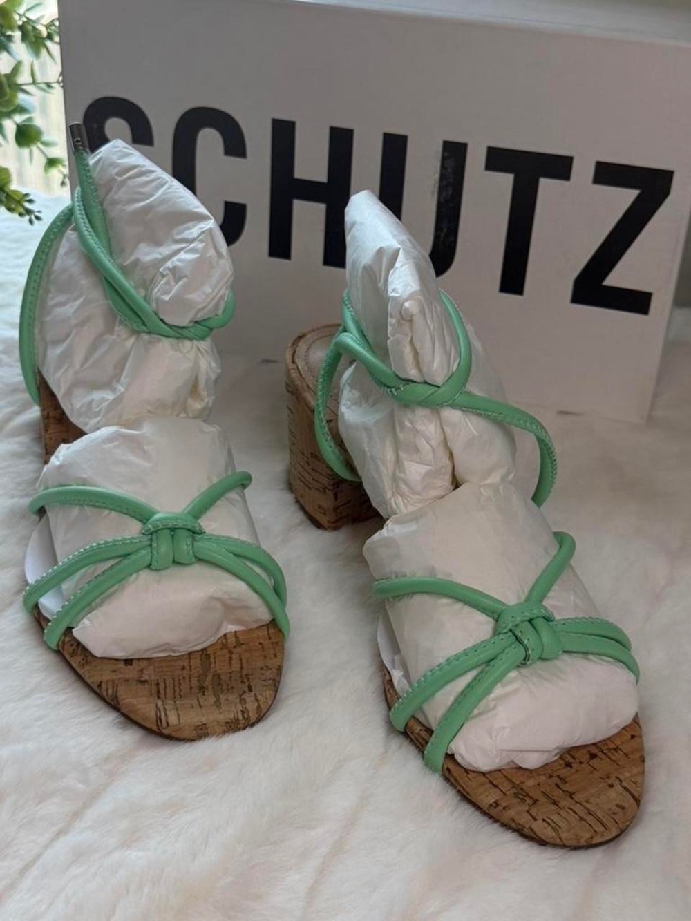 Schutz Mint Green Strappy Cork Block Heel Sandals - Picture 3 of 5